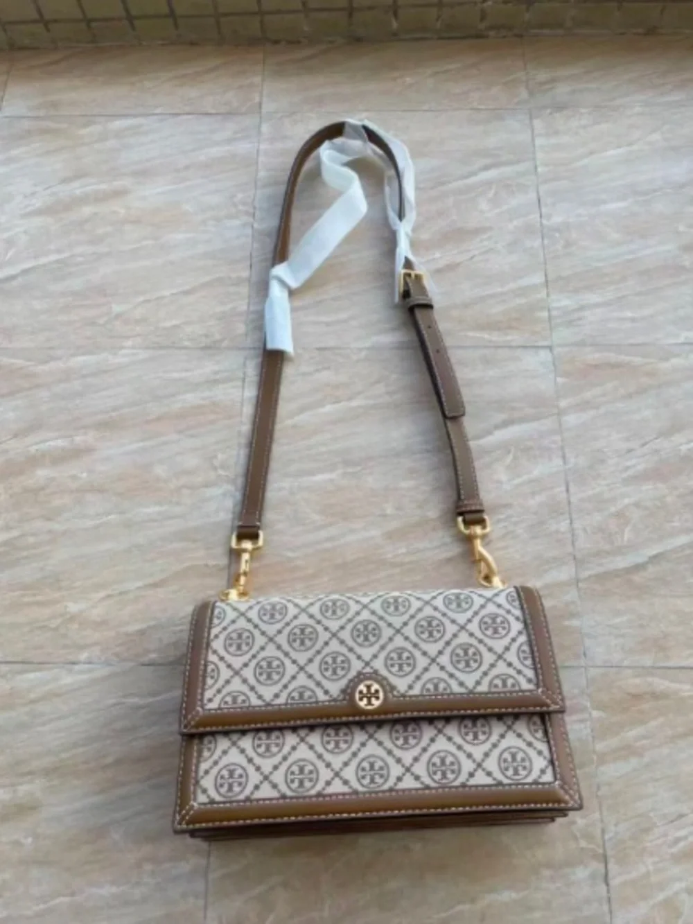 Tory Burch Beige and Brown Logo-Print Crossbody Bag